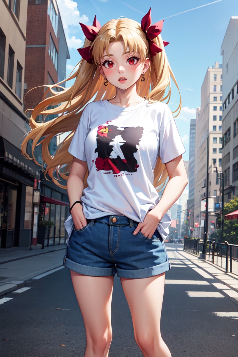 masterpiece, best quality, absurdres, Ereshkigal, two side up, hair ribbon, t-shirt, denim shorts, standing, outdoors, cit...